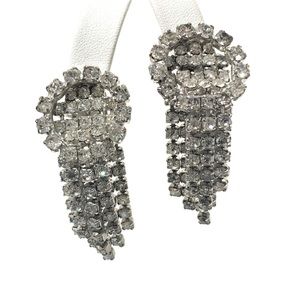 Vintage clear rhinestone cup chain Hollywood glamour clip on earrings